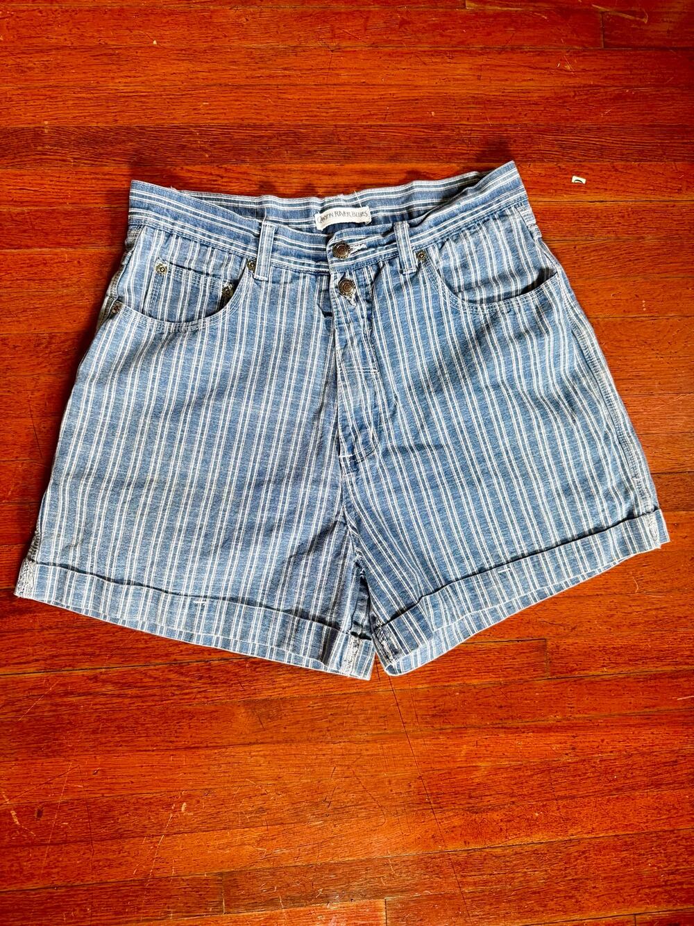 Vintage 80s 90s Canyon River Blues High Waist Blue Denim Striped Shorts 26 Small